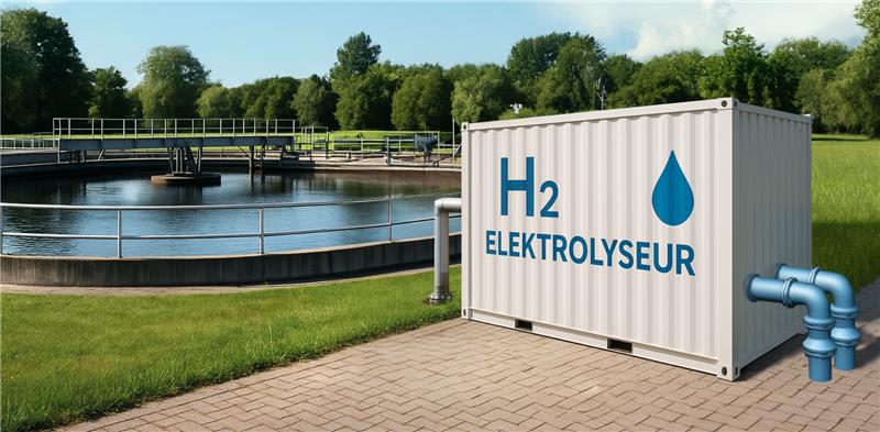 Bild vom teil eines Klärwerkes mit einem H2-Elektrolyseurs in Form eines Containers